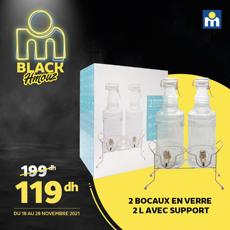 Black Hmouz chez Marjane 2 bocaux en verre 2L avec support 119Dhs au lieu de 199Dhs