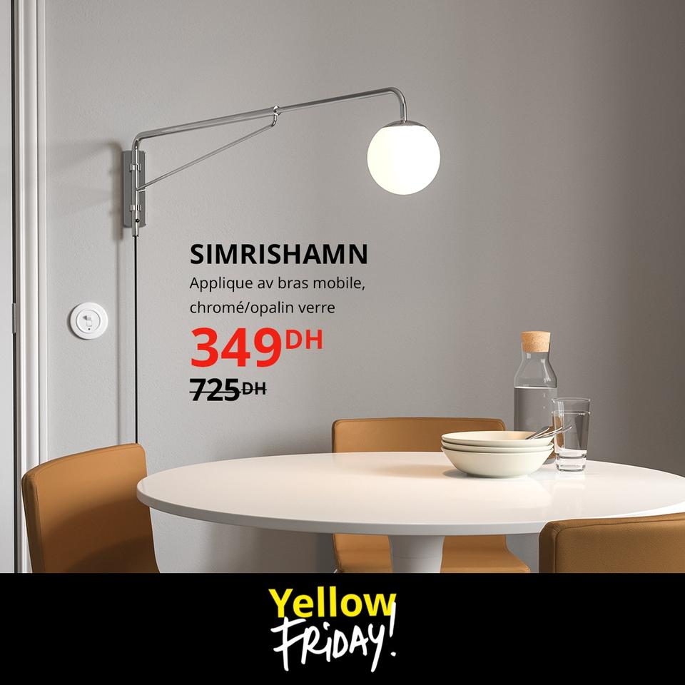 Yellow Friday chez Ikea Maroc Applique avec bras mobile SIMRISHAMN 349Dhs au lieu de 725Dhs
