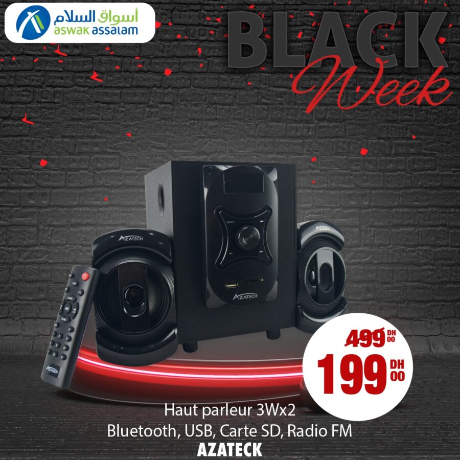 Black Week Aswak Assalam Haut parleur Bluetooth Radio FM AZATEHCK 199Dhs au lieu de 499Dhs