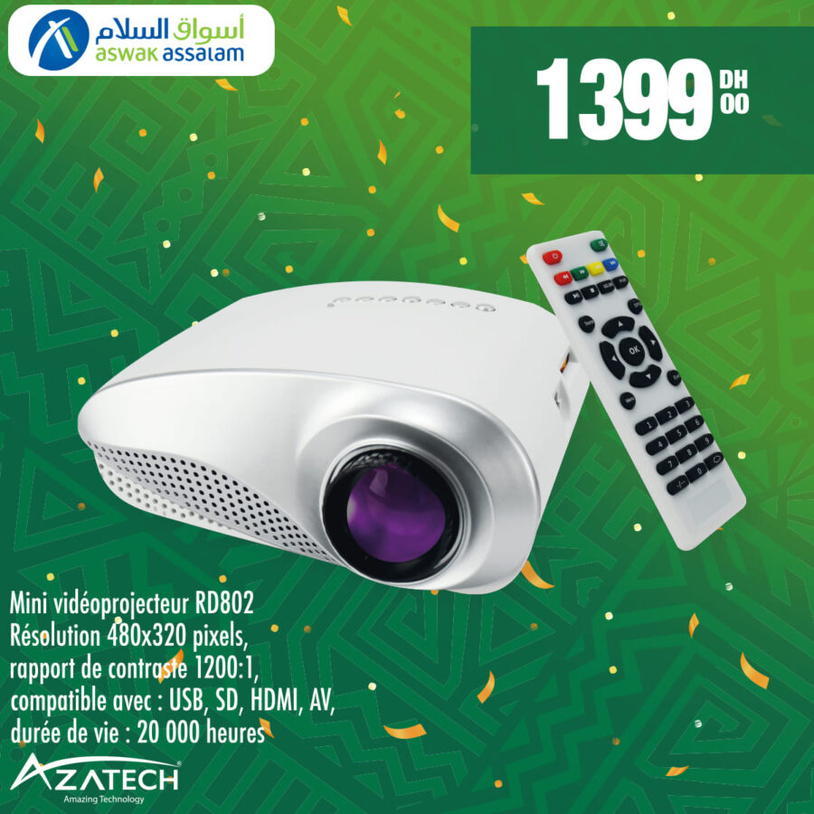 Offre CAN 2022 Aswak Assalam Mini vidéoprojecteur AZATECH RD802 1399Dhs