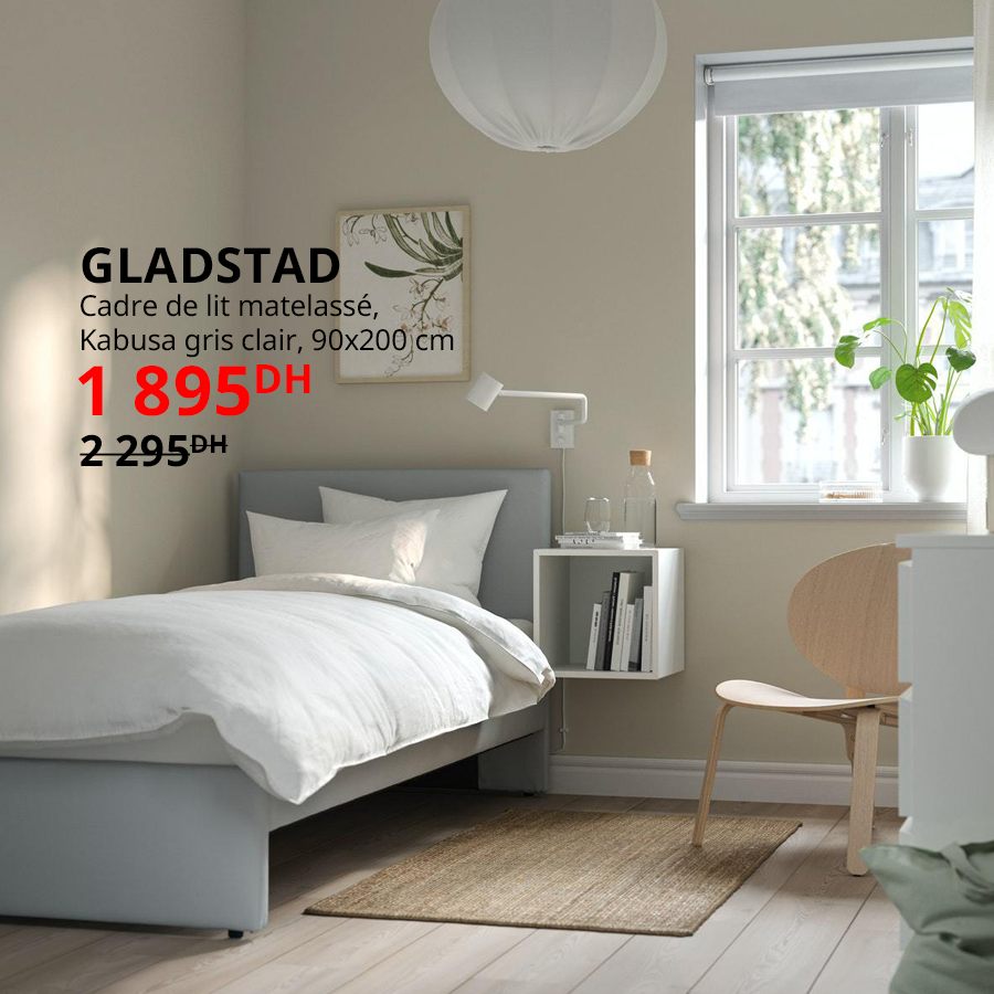 Soldes Ikea Maroc Cadre de lit matelassé 90x200cm GLADSTAD 1895Dhs au lieu de 2295Dhs