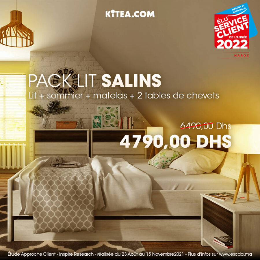 Soldes Kitea Pack lit SALINS lit + matelas + 2 tables de chevets 4790Dhs au lieu de 6490Dhs