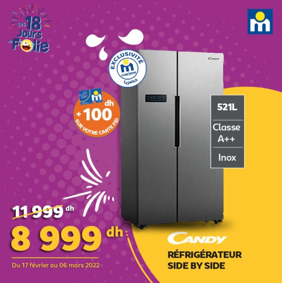 Soldes Marjane Réfrigérateur SIDE BY SIDE CANDY 8999Dhs au lieu de 11999Dhs