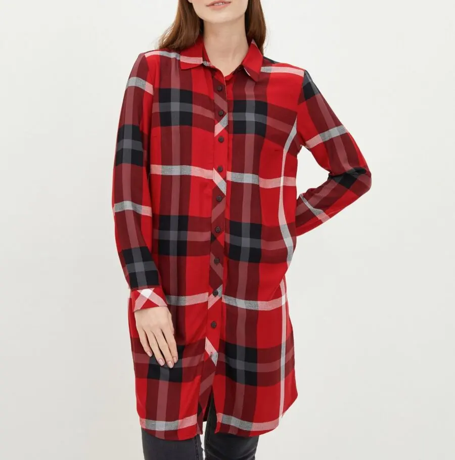 Soldes LC Waikiki Maroc LCW CLASSIC Tunique Femme Col Chemise Plaid Manches Longues Viscose 139Dhs au lieu de 179Dhs