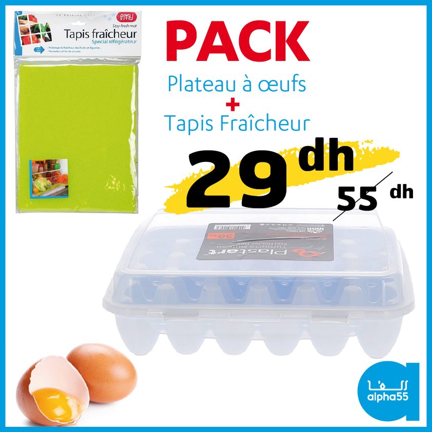 Offre Promotionnel Alpha55 Plateau à œufs + Tapis fraicheur 29Dhs au lieu de 55Dhs