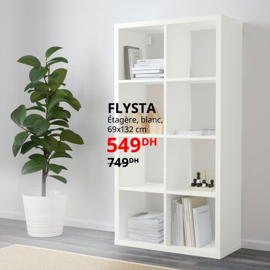 Soldes Ikea Maroc Etagère blanc 69x132cm FLYSTA 549Dhs au lieu de 749Dhs