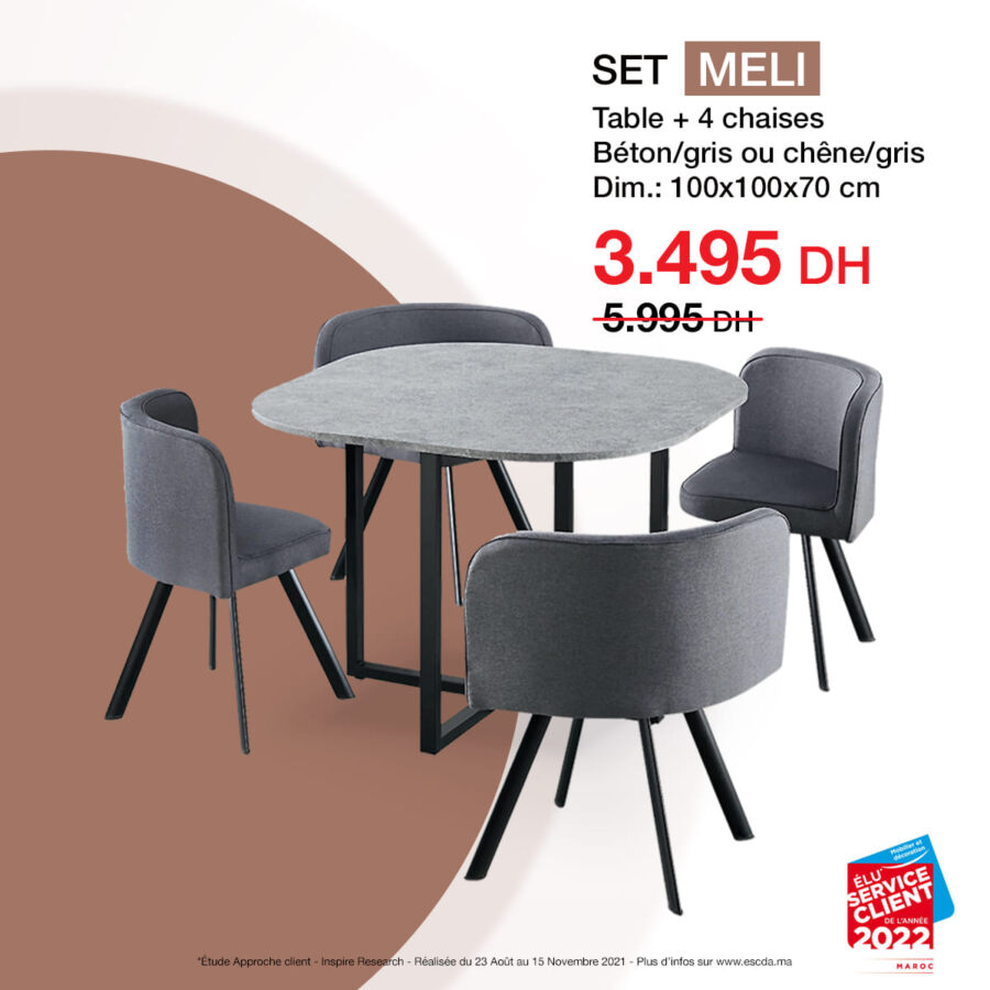 Soldes Kitea Set MELI Table + 4 chaises 3495Dhs au lieu de 5995Dhs