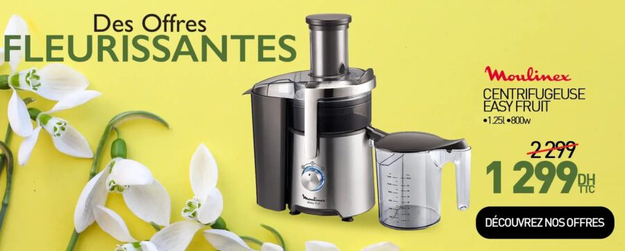 Soldes Biougnach Electro Centrifugeuse Easy Fruit MOULINEX 1299Dhs au lieu de 2299Dhs