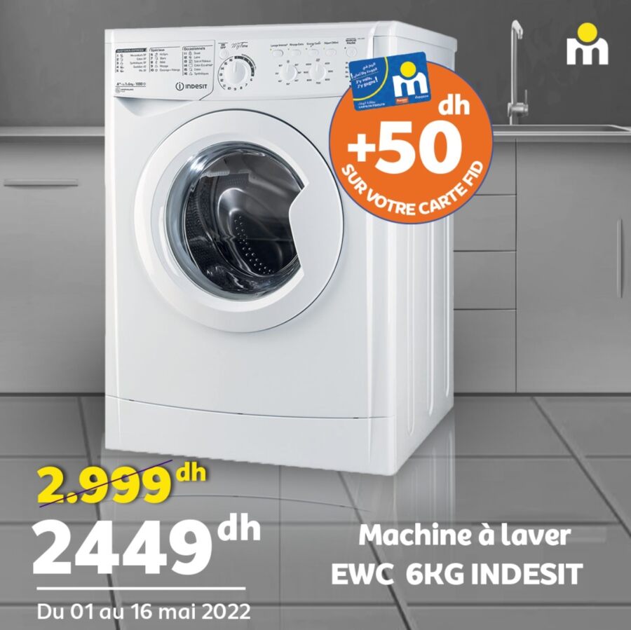Soldes Marjane Machine à laver EWC 6Kg INDESIT 2449Dhs au lieu de 2999Dhs