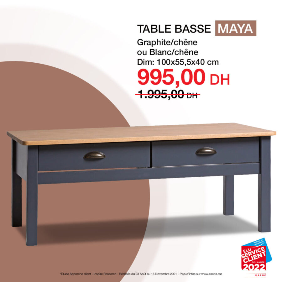 Soldes Kitea Table basse MAYA 100x55.5x40cm 995Dhs au lieu de 1995Dhs