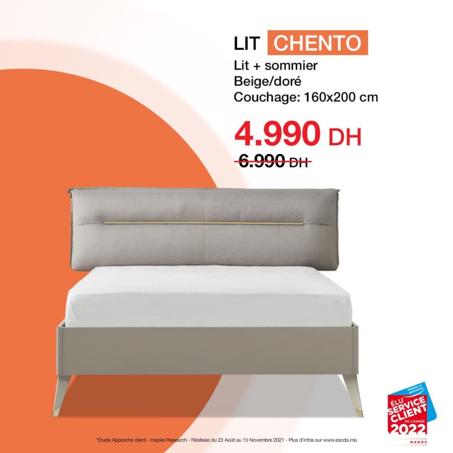 Soldes kitea Lit + sommier 160x200cm CHENTO 4990Dhs au lieu de 6990Dhs