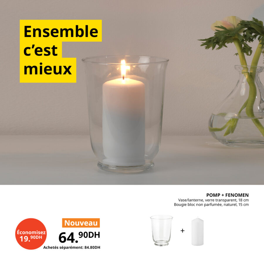 Soldes Ikea Maroc Vase transparent + Bougie non parfumée 64.9Dhs au lieu de 84.8Dhs