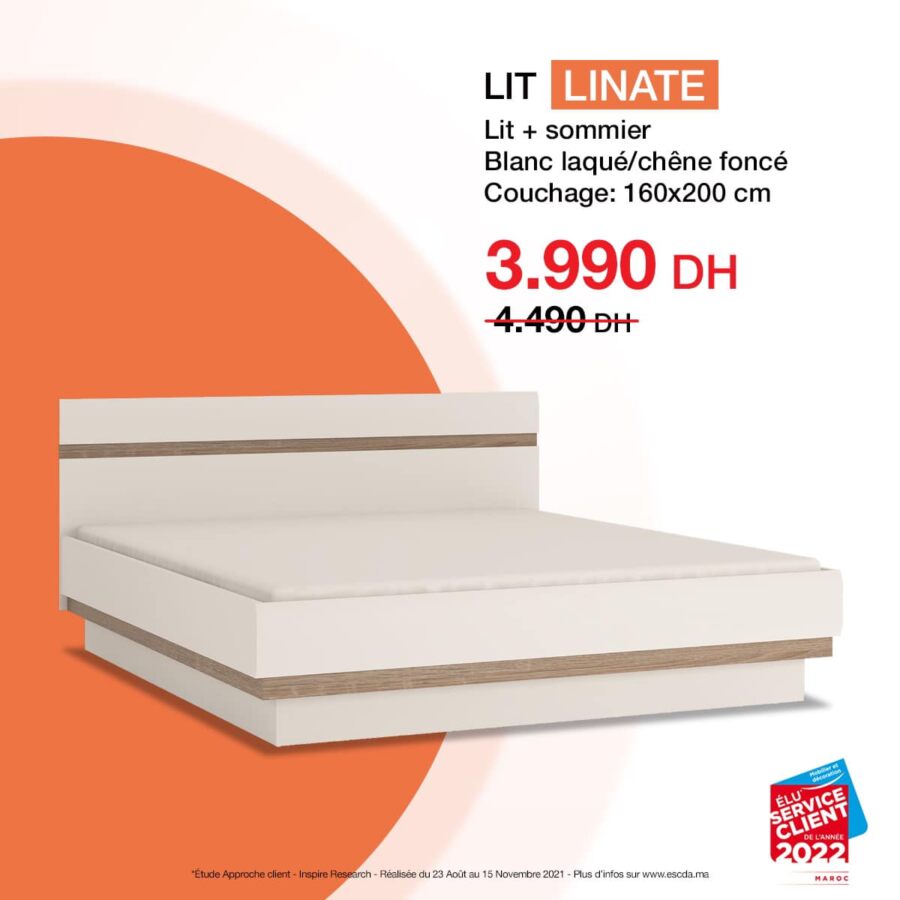 Soldes kitea Lit + sommier 160x200cm LINATE 3990Dhs au lieu de 4490Dhs