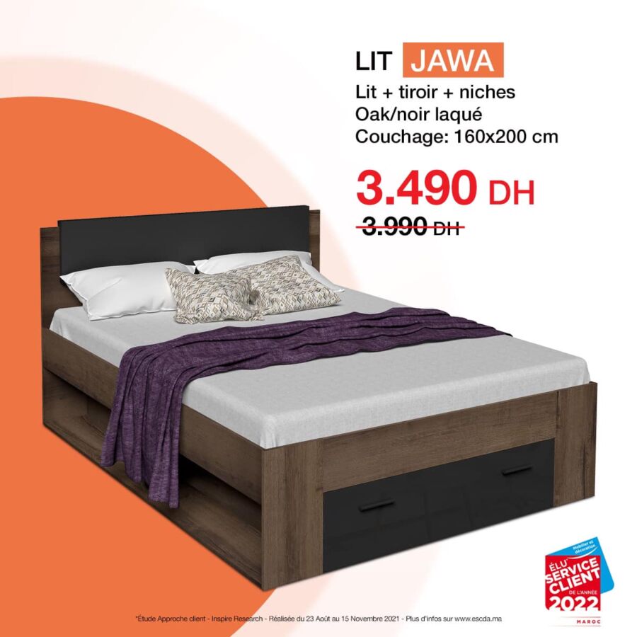 Soldes kitea Lit + tiroir + niches 160x200cm JAWA 3490Dhs au lieu de 3990Dhs