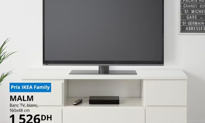Soldes Ikea Family Banc TV 160x48cm blanc MALM 1526Dhs au lieu de 1795Dhs
