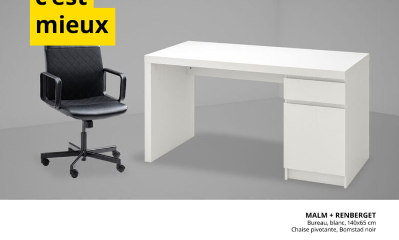 Soldes Ikea Maroc Bureau blanc 140x165cm + Chaise pivotante 2195Dhs au lieu de 2544Dhs