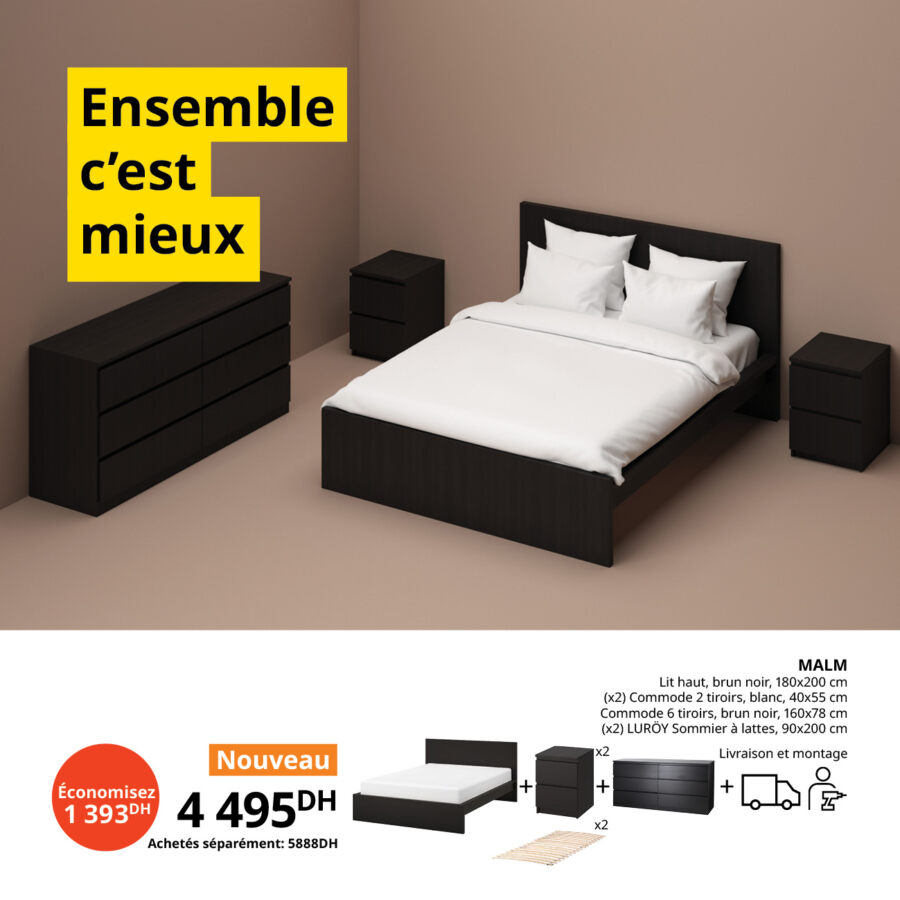 Soldes Ikea Maroc Lit + 2 chevets + commode MALM 4495Dhs au lieu de 5888Dhs 