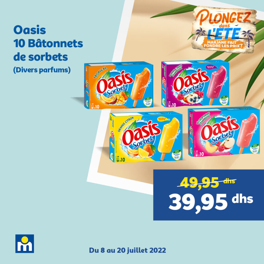 Soldes d'été chez Marjane 10 Bâtonnets Sorbets Oasis 39.95Dhs au lieu de 49.95Dhs