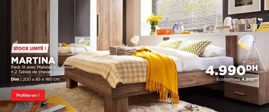 Soldes Kitea Lit + matelas + sommier + 2 chevets MARTINA 4990Dhs au lieu de 8990Dhs