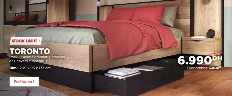 Soldes Kitea Lit + matelas + sommier + chevets suspendus TORONTO 6990Dhs au lieu de 9990Dhs