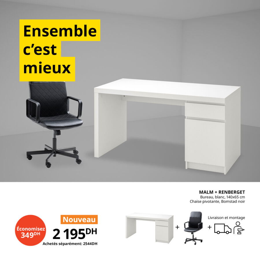 Soldes Ikea Maroc Bureau MALM + chaise RENBERGET 2195Dhs au lieu de 2544Dhs