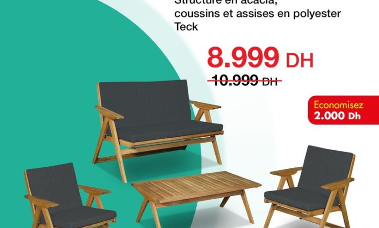 Soldes Kitea canapé 2 places + 2 fauteuils + table basse EXOTICA 8999Dhs au lieu de 10999Dhs