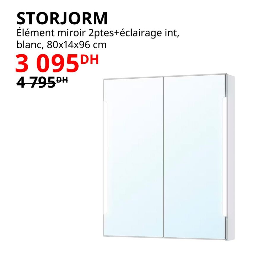STORJORM Élément miroir 2 portes & éclairage, blanc, 80x14x96 cm