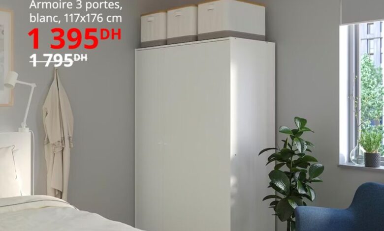 Soldes Ikea Maroc Armoire 3 portes blanc KLEPPSTAD 1395Dhs au lieu de 1795Dhs
