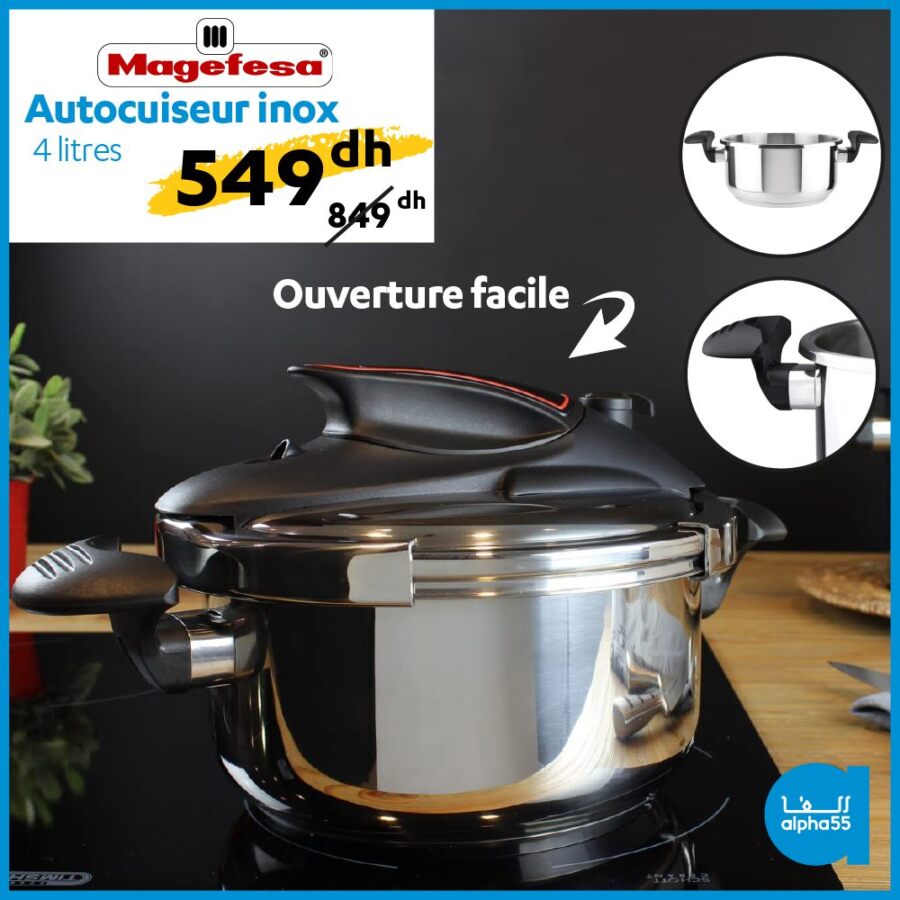 Soldes Alpha55 Autocuiseur inox MAGEFESA 4L 549Dhs au lieu de 849Dhs