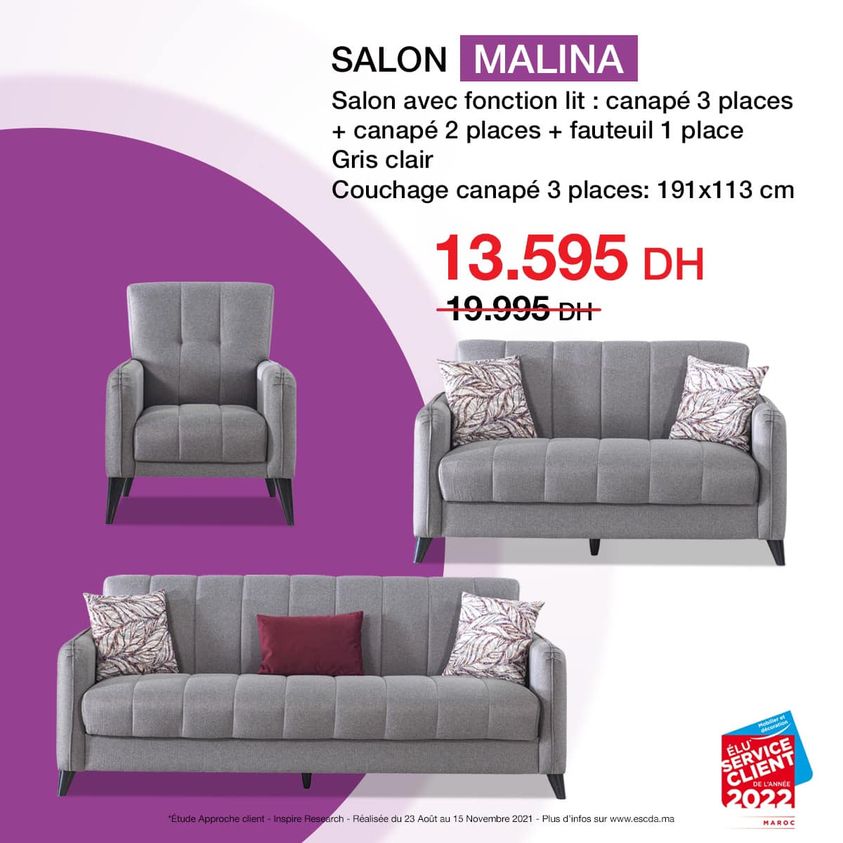 Soldes Kitea Canapé 3+2+1 places avec fonction lit 13595Dhs au lieu de 19995Dhs