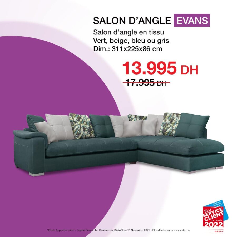 Soldes Kitea Salon d'angle EVANS en tissu 13995Dhs au lieu de 17995Dhs