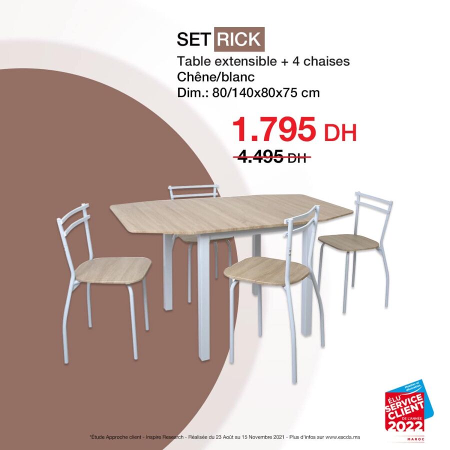Soldes Kitea Set RICK Table extensible + 4 chaises 1795Dhs au lieu de 4495Dhs