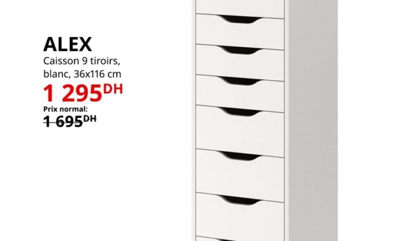 Soldes Ikea Maroc Caisson 9 tiroirs blanc ALEX 1295Dhs au lieu de 1695Dhs