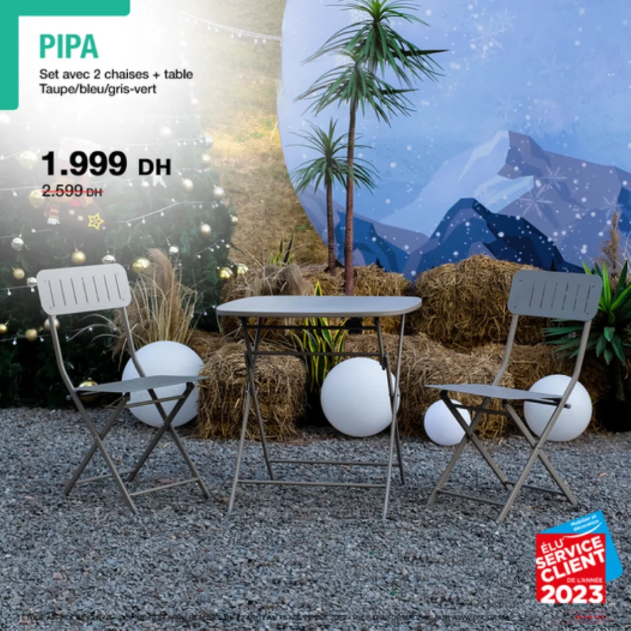 Soldes Kitea Set avec 2 chaises + table PIPA 1999Dhs au lieu de 2599Dhs