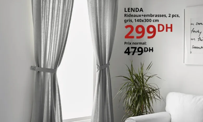 Soldes Ikea Maroc Rideaux + embrasses 2 pièces gris 140x330cm 299Dhs au lieu de 479Dhs