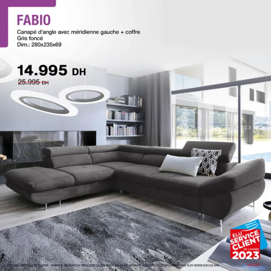 Soldes Kitea Canapé d'angle avec méridienne FABIO 14995Dhs au lieu de 25995Dhs