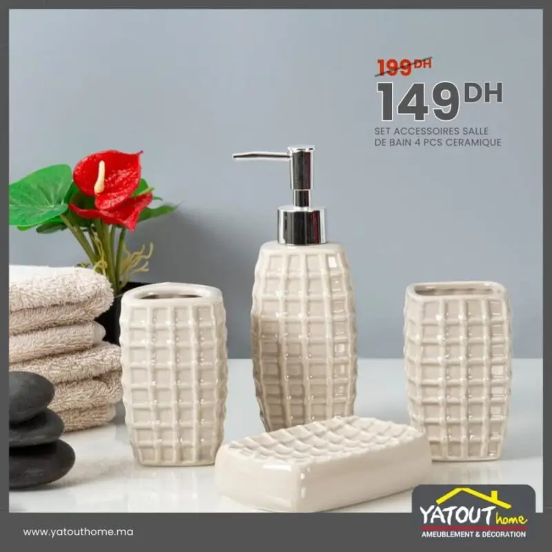Soldes Yatout Home Set accessoires salle de bain 4 pièces en céramique 149Dhs au lieu de 199Dhs