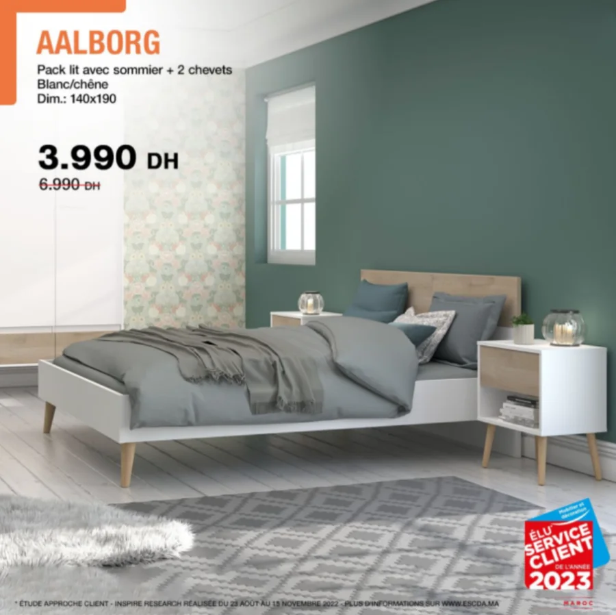 Soldes Kitea Pack lit avec sommier + 2 chevets AALBORG 3990Dhs au lieu de 6990Dhs