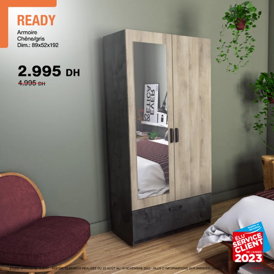 Soldes kitea Armoire 2 portes avec miroir READY 2995Dhs au lieu de 4995Dhs