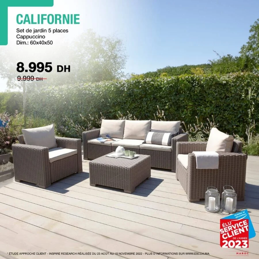 Offres d'été chez Kitea Set de jardin 5 places Cappuccino CALIFORNIE 8995Dhs au lieu de 9999Dhs