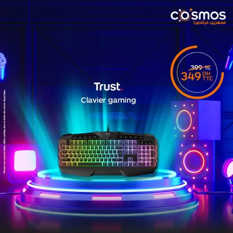 Offres Rentrée Scolaire Cosmos Electro Clavier gaming avec LED TRUST 349Dhs au lieu de 399Dhs