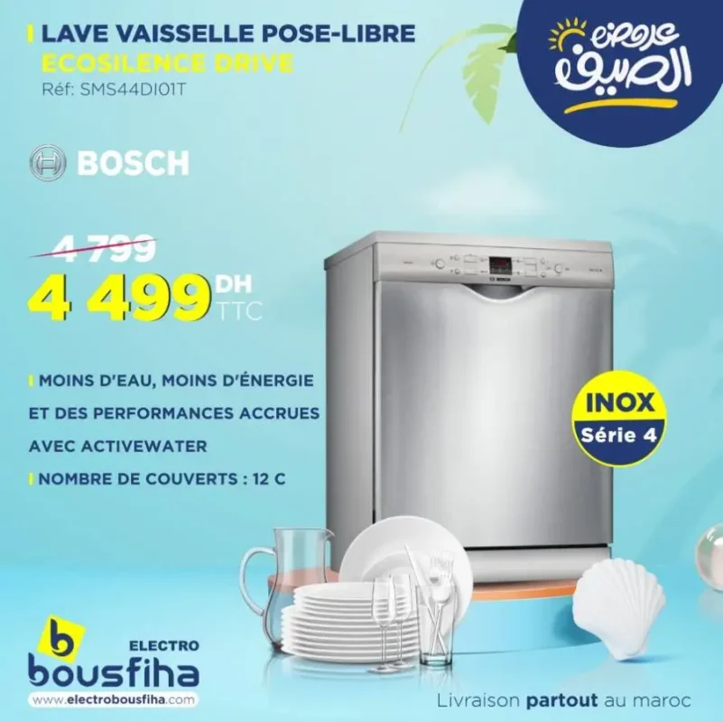 Offres d'été chez Electro Bousfiha Lave vaisselle Pose-libre 12couv ECOSILENCE DRIVE BOSCH 4499Dhs au lieu de 4799Dhs