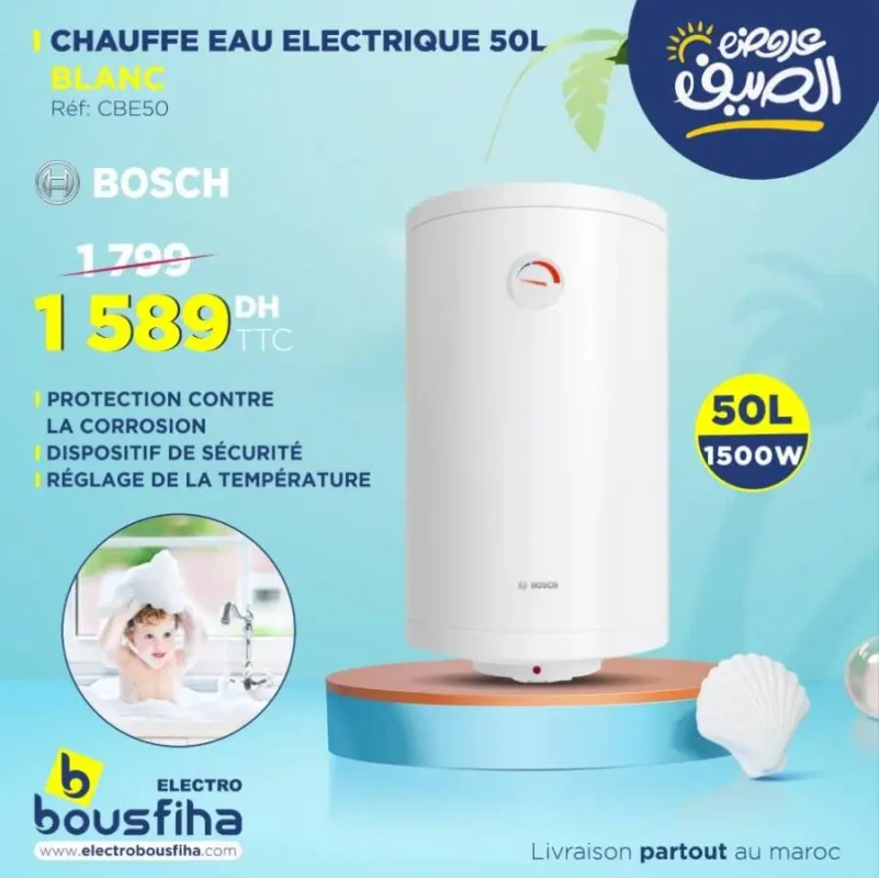 Offres d'été chez Electro Bousfiha Chauffe eau électrique 50 litres BOSCH 1589Dhs au lieu de 1799Dhs