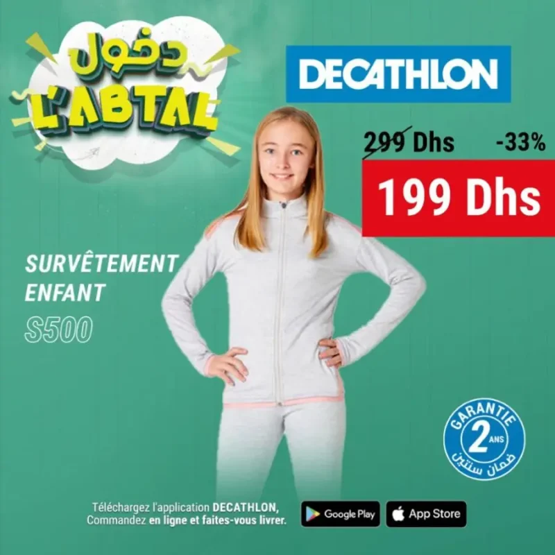 Offres Rentrée Scolaire Decathlon Maroc Survêtement enfant pour fille S500 199Dhs au lieu de 299Dhs