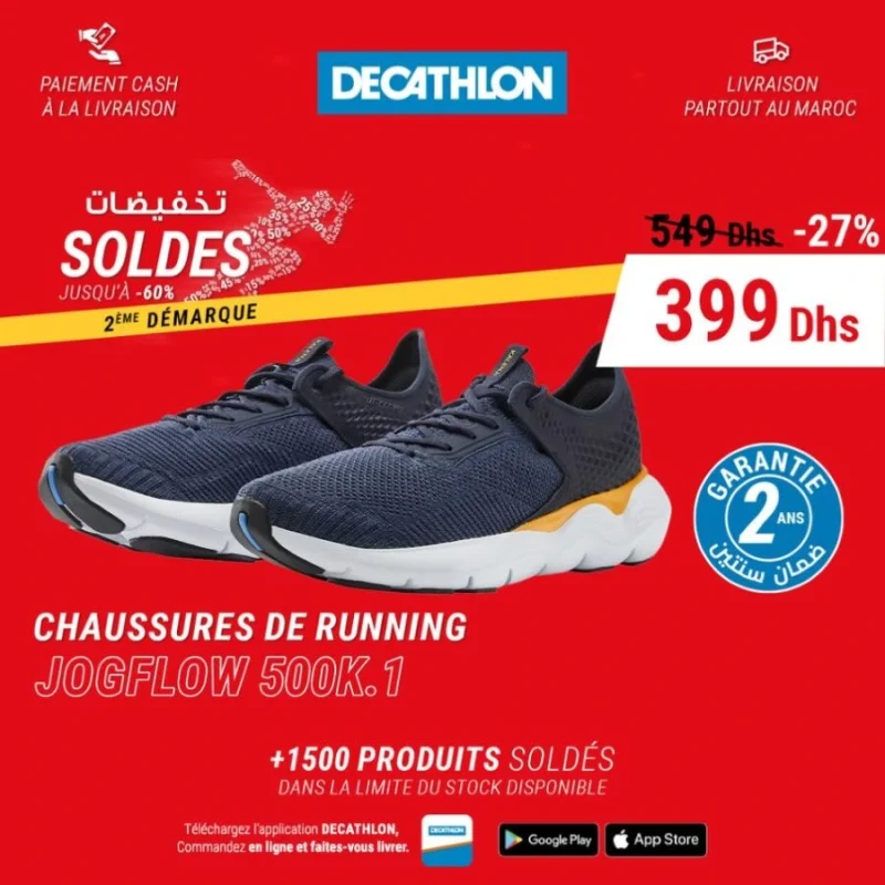 Offres soldée chez Decathlon Maroc Chaussure de running JOGFLOW 500K.1 399Dhs au lieu de 549Dhs