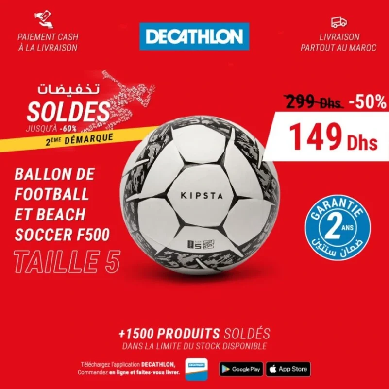 Offres soldée chez Decathlon Maroc Ballon de football et Beach soccer F500 KIPSTA 149Dhs au lieu de 299Dhs