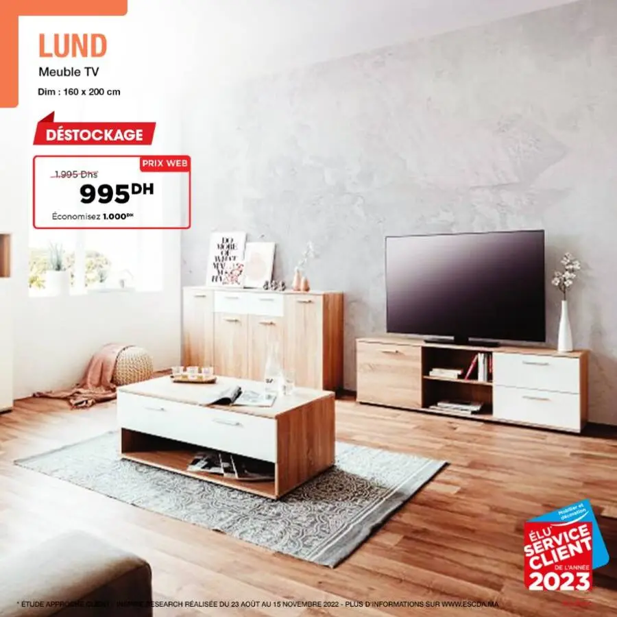 Meuble TV 35x50x160cm LUND 995Dhs au lieu de 1995Dhs
