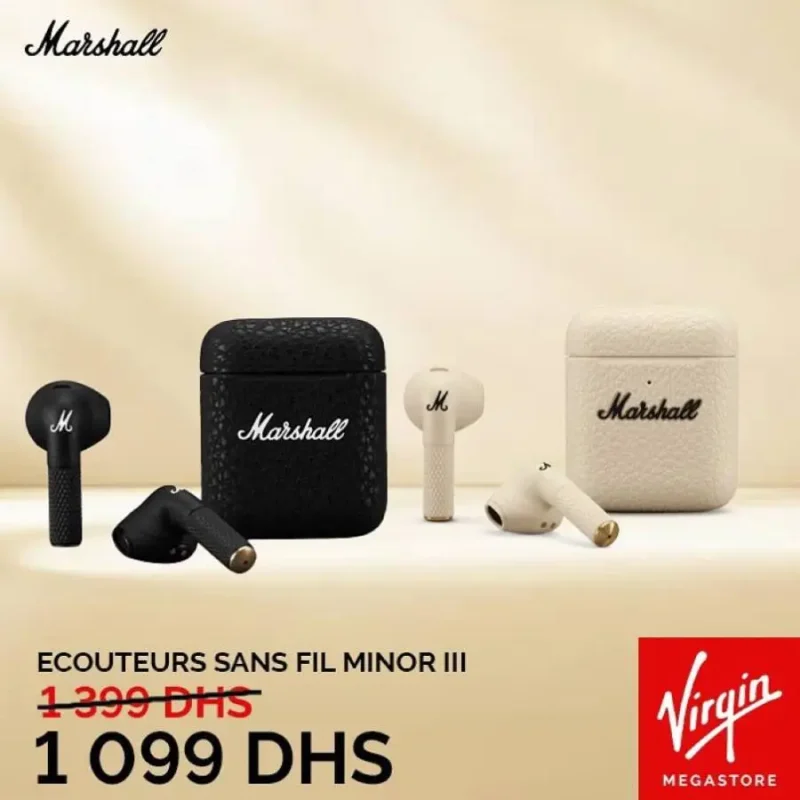 Offre promotionnel Virgin Megastore Maroc Ecouteur sans fil MINOR III MARSHALL 1099Dhs au lieu de 1399Dhs