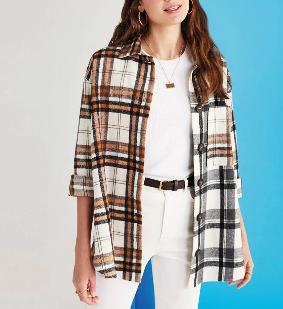 Chemise à carreaux à manches longues en gabardine à fermeture pour femme