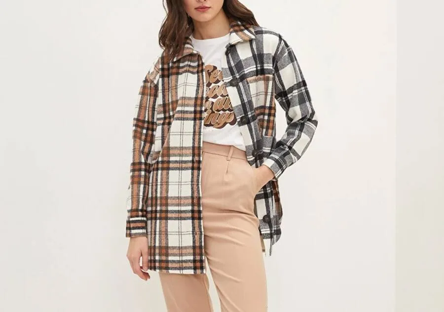 Chemise à carreaux à manches longues en gabardine à fermeture pour femme